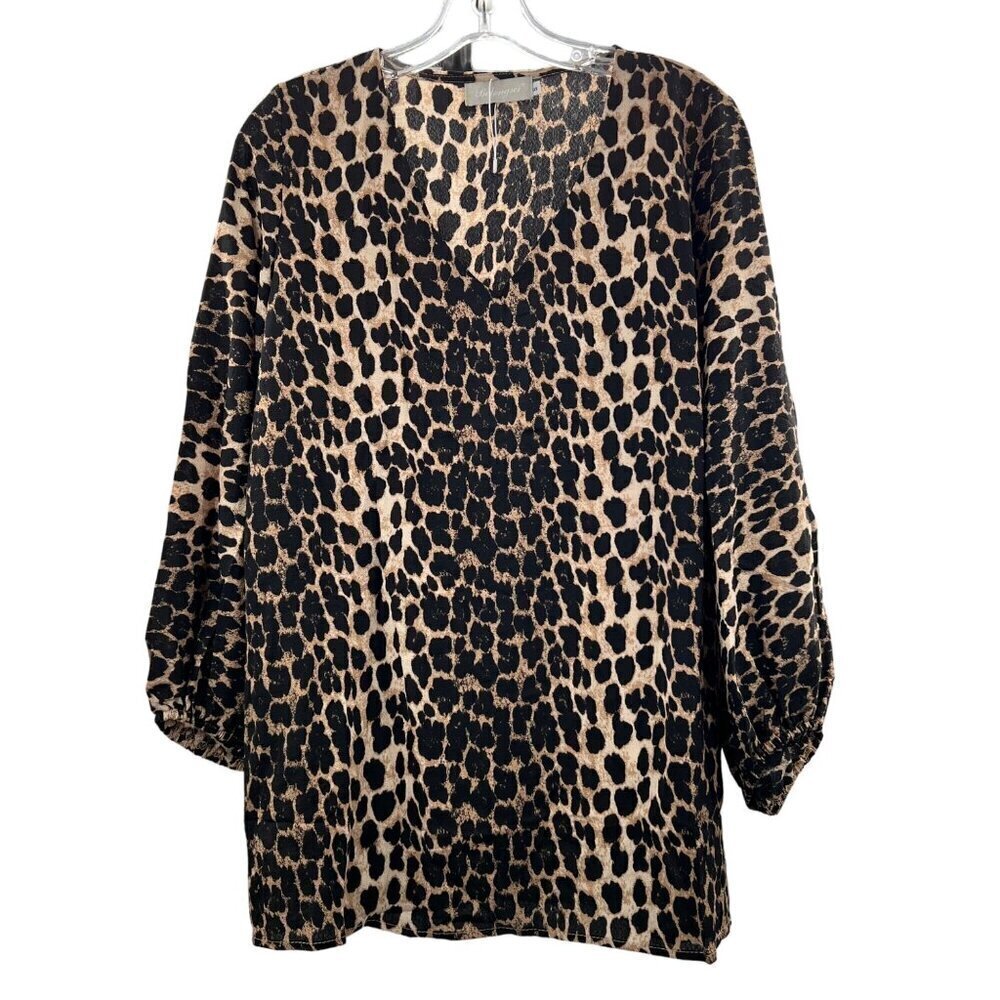 Belongsci V-Neck 3/4 Sleeve Black/Tan Leopard Print Top Women's Size Small